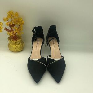Eastanna Pointed Toe Ankle Strap Kitten Heel Pumps With Rhinestones